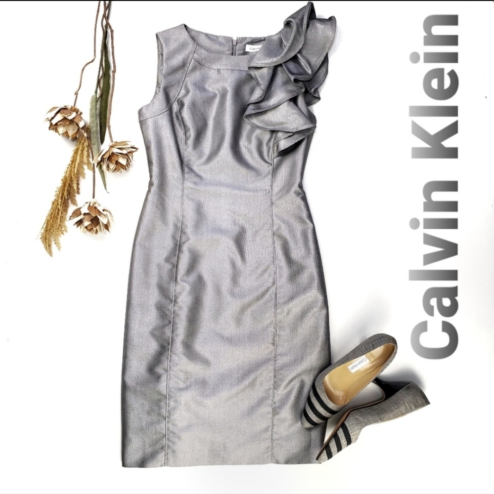 Calvin Klein Silver Grey Ruffle Shoulder Dress 2